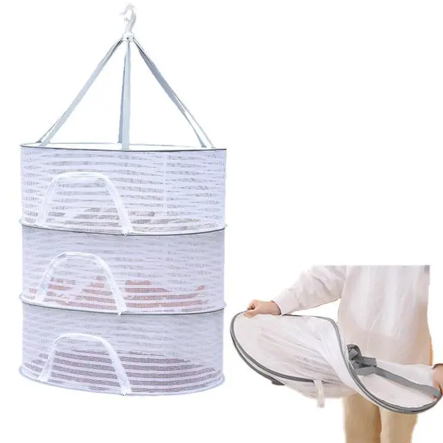 Alt view image 3 of 7 - Herb Drying Rack, 3-Layer Foldable Hanging Mesh Drying Net with Zipper, Collapsible Mesh Dryer Hanging Basket for Herb, Buds, Plants, Fruits, Vegetables, Fish, Jerky and Clothes(M)