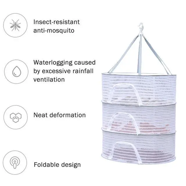 Alt view image 5 of 7 - Herb Drying Rack, 3-Layer Foldable Hanging Mesh Drying Net with Zipper, Collapsible Mesh Dryer Hanging Basket for Herb, Buds, Plants, Fruits, Vegetables, Fish, Jerky and Clothes(M)