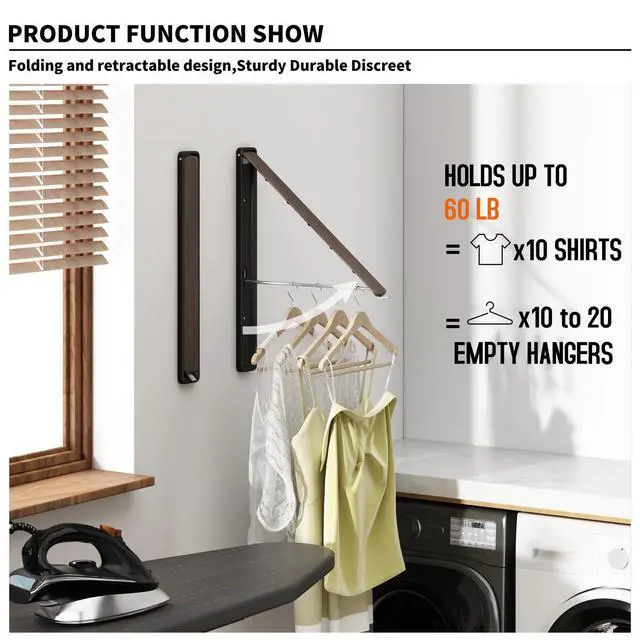 Alt view image 2 of 7 - Folding Clothes Hanger Rack Wall mounted for Laundry Clothes Drying Rack