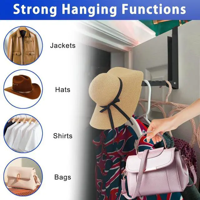 Alt view image 4 of 7 - 2 Pcs Over The Door Hooks - Folding Over Door Clothes Drying Laundry Rack with 6 Groves - Hanger for Clothes & Towels (Black)