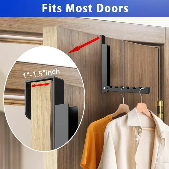 Alt view image 6 of 7 - 2 Pcs Over The Door Hooks - Folding Over Door Clothes Drying Laundry Rack with 6 Groves - Hanger for Clothes & Towels (Black)