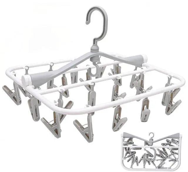Main image of Foldable Clothes Drying Rack, 24 Clips Wind Proof Laundry Hanger, Plastic Underwear Hanging Clip Rack for Socks, Bras, Baby Clothes, Towels (Grey)