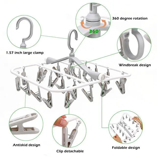Alt view image 4 of 7 - Foldable Clothes Drying Rack, 24 Clips Wind Proof Laundry Hanger, Plastic Underwear Hanging Clip Rack for Socks, Bras, Baby Clothes, Towels (Grey)