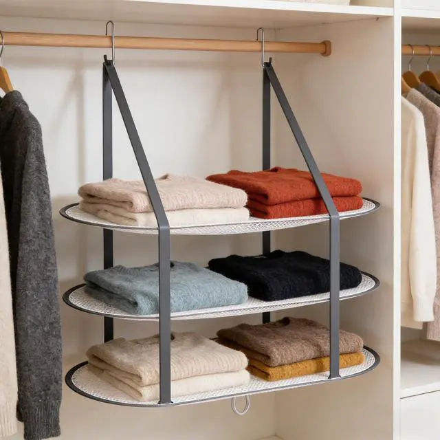 Alt view image 3 of 7 - Sweater Drying Rack Hanging on Door Dryer Flat Portable Collapsible Mesh Large Laundry Clothes Drying Rack Room Organization 3 Tier