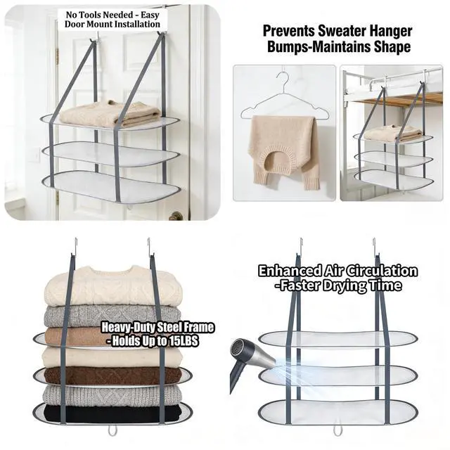 Alt view image 6 of 7 - Sweater Drying Rack Hanging on Door Dryer Flat Portable Collapsible Mesh Large Laundry Clothes Drying Rack Room Organization 3 Tier