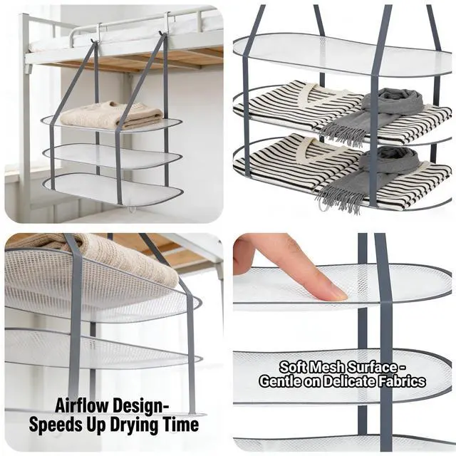 Alt view image 5 of 7 - Sweater Drying Rack Hanging on Door Dryer Flat Portable Collapsible Mesh Large Laundry Clothes Drying Rack Room Organization 3 Tier