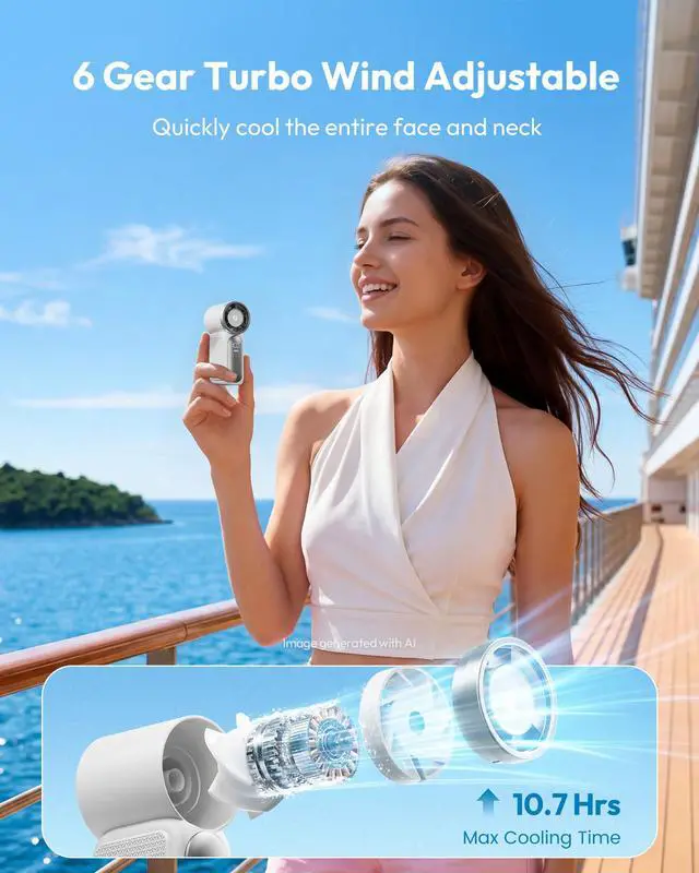Alt view image 2 of 7 - Portable Handheld Mini Fan, 6 Speeds 16900 RPM High Velocity Personal Fan with LED Display, USB Rechargeable, Mini Fan with Lanyard for Makeup, Travel, Outdoor Fan for Women Girl Gift, White