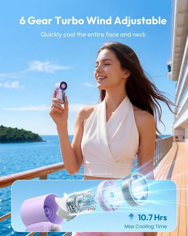 Alt view image 5 of 7 - Portable Handheld Mini Fan, 6 Speeds 16900 RPM High Velocity Personal Fan with LED Display, USB Rechargeable, Mini Fan with Lanyard for Makeup, Travel, Outdoor, for Women Girl Gift, Purple