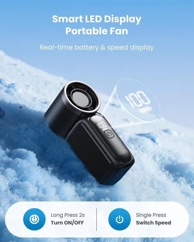 Alt view image 4 of 7 - Portable Handheld Mini Fan, 6 Speeds 16900 RPM High Velocity Personal Fan with LED Display, USB Rechargeable, Mini Fan with Lanyard for Makeup, Travel, Outdoor for Women Girl Gift, Black