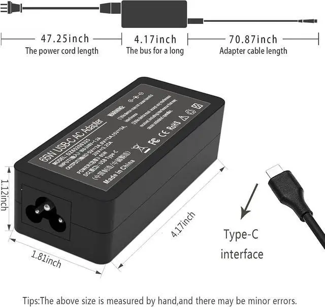 Alt view image 6 of 6 - 65W 45W USB C Laptop Power Replacement Adapter Charger for Lenovo Chromebook/Yoga/ThinkPad/HP Chromebook/Dell Laptop USB Type C Power Adapter