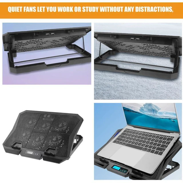 Alt view image 3 of 7 - 6-Fan Laptop Cooling Pad, Adjustable Speed Quiet Cooler Stand with Blue LED Lights, Ergonomic Notebook Cooling Base for 15.6 Inch Gaming Laptops