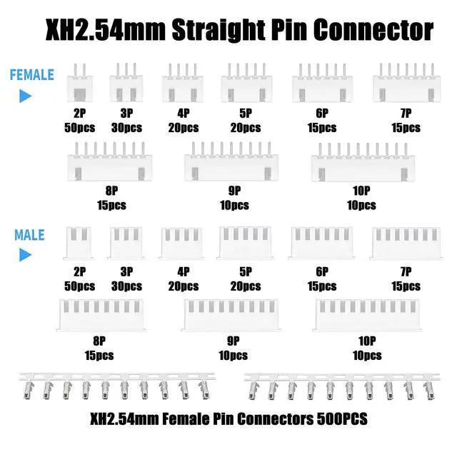 Alt view image 2 of 6 - 1270Pcs XH2.54mm Connector Kit 2P 3P 4P 5P Housing & Pin Headers