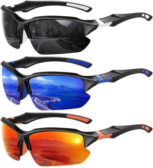 Main image of 3 Pack Polarized Sports Sunglasses for Men, UV Protection Half Frame Sunglasses Comfortable for Running Cycling Driving