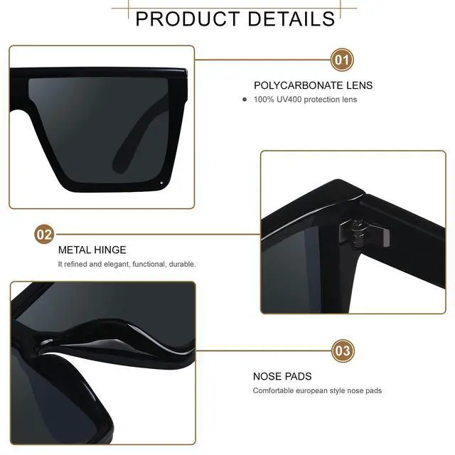 Alt view image 2 of 6 - Super Dark Black Square Oversized Sunglasses for Women Men Flat Top