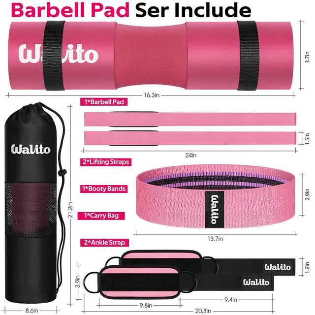 Alt view image 2 of 6 - 8Pcs Barbell Pad Set for Hip Thrust - Squat Pad,Gym Accessories for Women with Bar Bad,Bench Press, with Gym Ankle Straps,Resistance Bands for Working Out,Lifting Strap,Carry Bag (1-Pink)