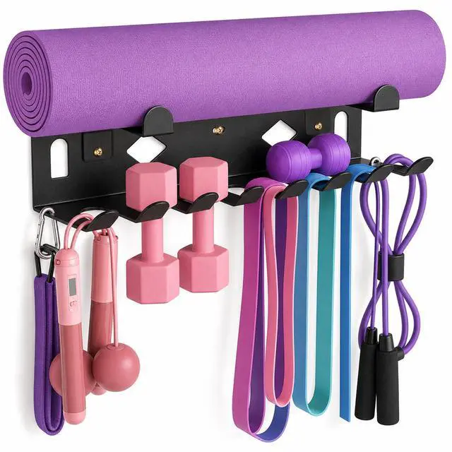 Main image of Heavy Duty Steel Yoga Mat Holder for Home Garage Gym, Workout Equipment Organizer for Resistance Bands, Jump Ropes, Lifting Belts, Foam Rollers, Hula Hoops and Fitness Accessories, Black