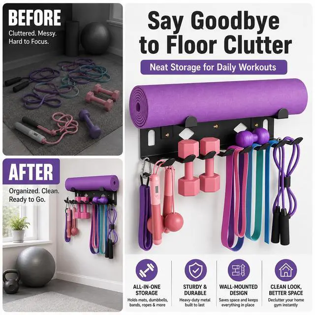 Alt view image 3 of 7 - Heavy Duty Steel Yoga Mat Holder for Home Garage Gym, Workout Equipment Organizer for Resistance Bands, Jump Ropes, Lifting Belts, Foam Rollers, Hula Hoops and Fitness Accessories, Black