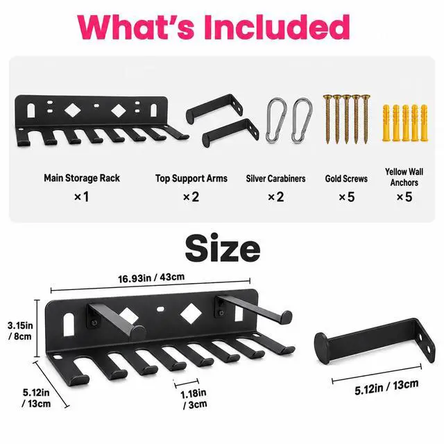 Alt view image 4 of 7 - Heavy Duty Steel Yoga Mat Holder for Home Garage Gym, Workout Equipment Organizer for Resistance Bands, Jump Ropes, Lifting Belts, Foam Rollers, Hula Hoops and Fitness Accessories, Black