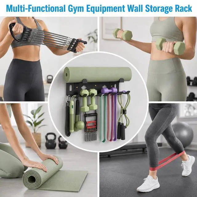 Alt view image 6 of 7 - Heavy Duty Steel Yoga Mat Holder for Home Garage Gym, Workout Equipment Organizer for Resistance Bands, Jump Ropes, Lifting Belts, Foam Rollers, Hula Hoops and Fitness Accessories, Black