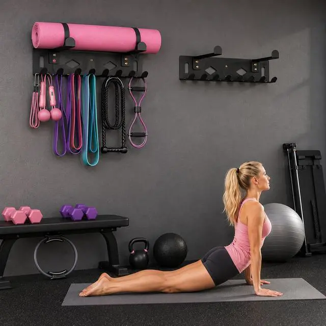 Alt view image 7 of 7 - Heavy Duty Steel Yoga Mat Holder for Home Garage Gym, Workout Equipment Organizer for Resistance Bands, Jump Ropes, Lifting Belts, Foam Rollers, Hula Hoops and Fitness Accessories, Black