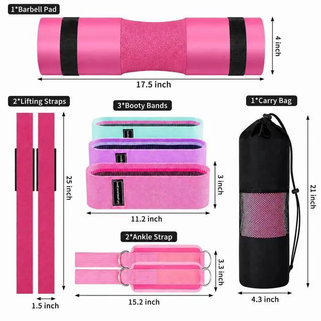 Alt view image 6 of 6 - Barbell Pad Set, 10 Pcs Barbell Squat Pad for Hip Thrusts, Lunges, Leg Day with 2 Gym Ankle Straps, 3 Hip Resistance Bands, 2 Lifting Strap, Barbell Pad and Carry Bag
