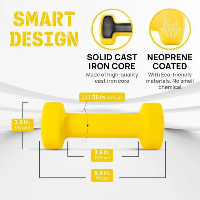 Alt view image 2 of 6 - Neoprene Coated Dumbbell Hand Weight Sets of 2 - Multiple Weight Options with 15 Colors, Anti-roll, Anti-Slip, Hexagon Shape, Yellow, 4 lb Pair
