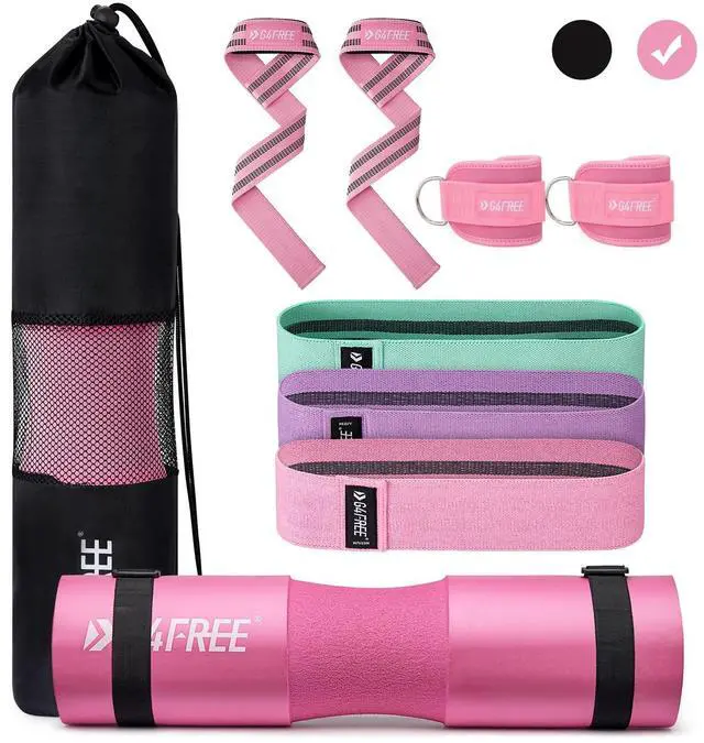 Main image of 9Pcs Barbell Pad Set for Squat, Hip Thrusts, Lunges, Leg day, Standard Olympic Bars with 2 Gym Ankle Safety Straps, 3 Hip Resistance Bands, 2 Lifting Strap, Barbell Pad, and Carry Bag (Pink)