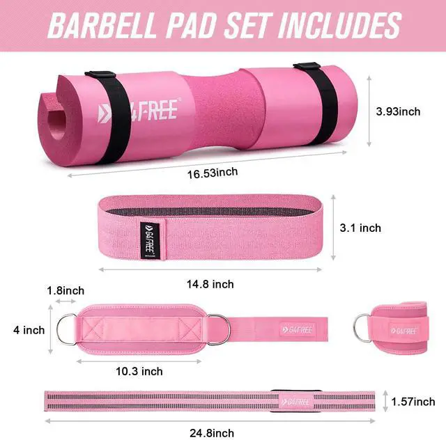 Alt view image 2 of 6 - 9Pcs Barbell Pad Set for Squat, Hip Thrusts, Lunges, Leg day, Standard Olympic Bars with 2 Gym Ankle Safety Straps, 3 Hip Resistance Bands, 2 Lifting Strap, Barbell Pad, and Carry Bag (Pink)