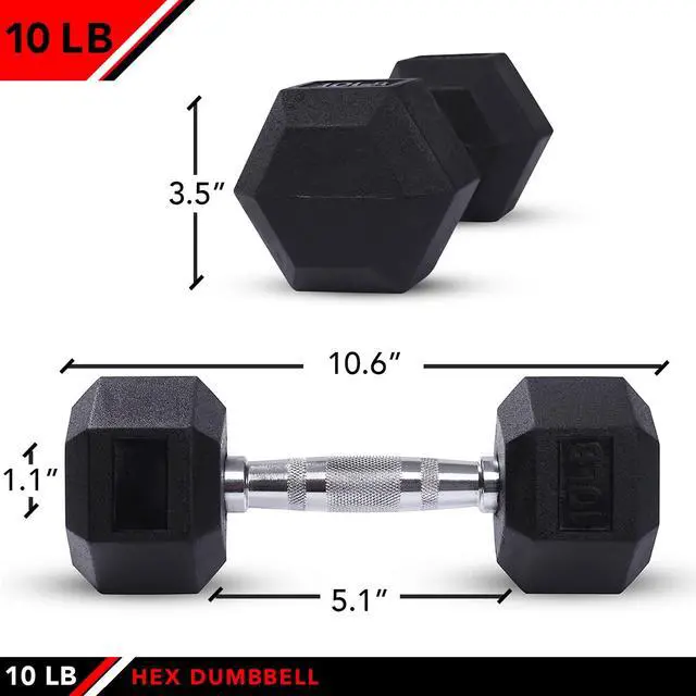 Alt view image 2 of 7 - Rubber Hex Dumbbell Single, Knurled Grip Free Weight for Men & Women, Strength & Cardio Training Home Gym Workout-10lb
