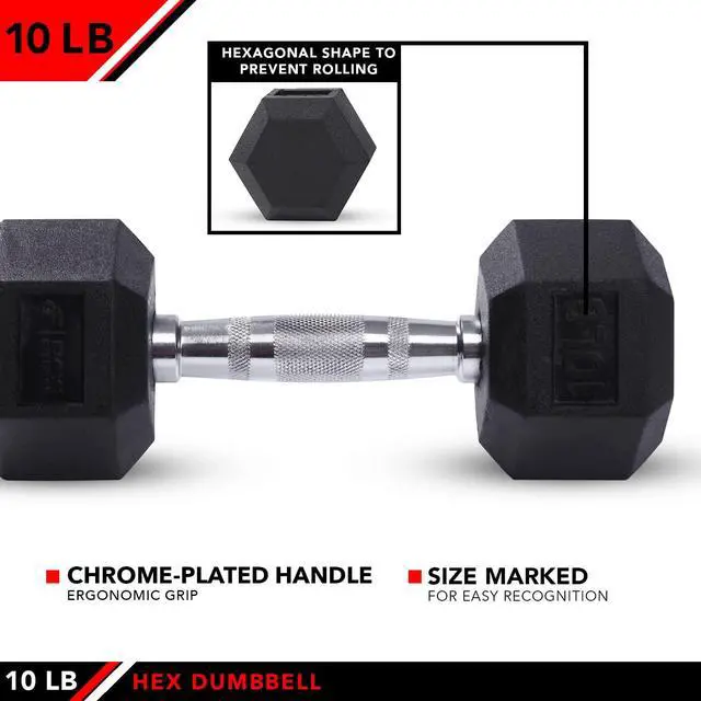 Alt view image 4 of 7 - Rubber Hex Dumbbell Single, Knurled Grip Free Weight for Men & Women, Strength & Cardio Training Home Gym Workout-10lb