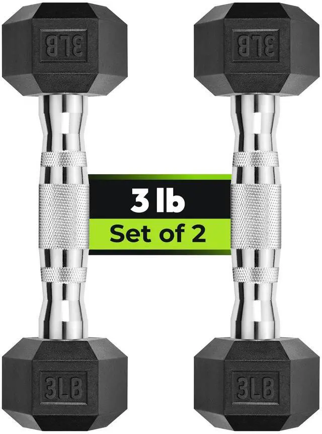 Main image of Hex Dumbbell Set of 2, Rubber Encased Fixed Dumbbells, 3 lb