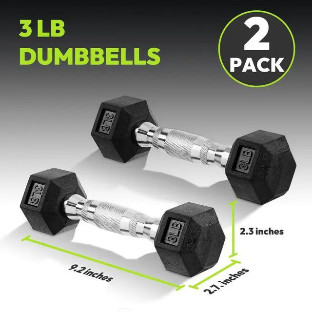 Alt view image 2 of 7 - Hex Dumbbell Set of 2, Rubber Encased Fixed Dumbbells, 3 lb