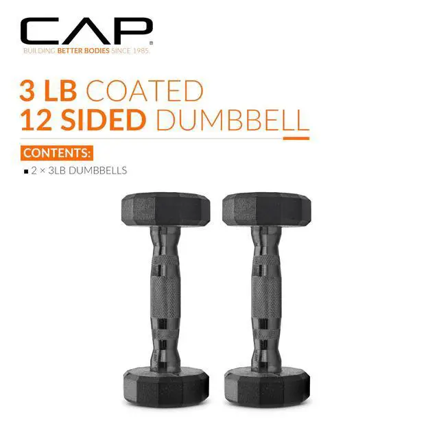 Alt view image 2 of 7 - 3lb Rubber Coated 12-Sided Dumbbell, Black Grip, Free Weights, Pair