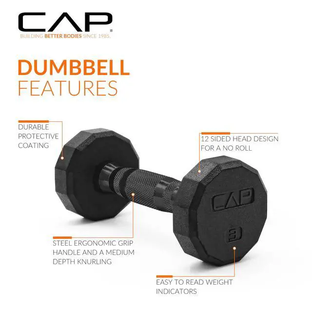 Alt view image 3 of 7 - 3lb Rubber Coated 12-Sided Dumbbell, Black Grip, Free Weights, Pair