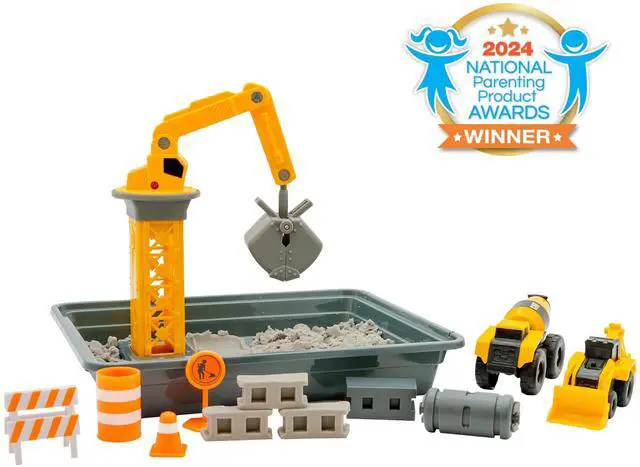 Alt view image 2 of 7 - Dig N Build Concrete Playset 12-oz Moldable Concrete Compound, Crane, 2 Little Machines Vehicles, Construction Molds & Easy-Cleanup Tray, Sensory STEM Kit for Kids Ages 3 +
