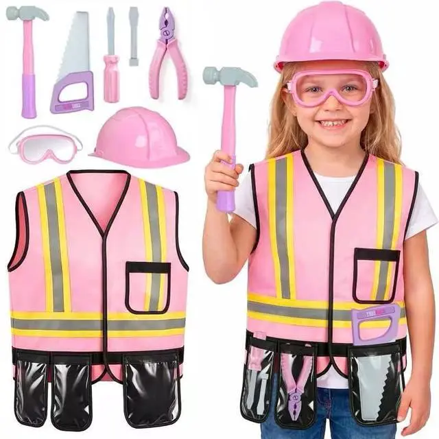 Main image of Pink Kids Tool Set with Construction Worker Costume for Girls Ages 3-5 - Toddler Dress Up Clothes, Toy Tools, Hat & Vest, Preschool Toys, STEM Educational Role Play Toys Gift
