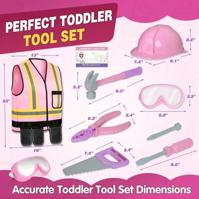 Alt view image 2 of 7 - Pink Kids Tool Set with Construction Worker Costume for Girls Ages 3-5 - Toddler Dress Up Clothes, Toy Tools, Hat & Vest, Preschool Toys, STEM Educational Role Play Toys Gift
