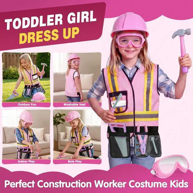Alt view image 3 of 7 - Pink Kids Tool Set with Construction Worker Costume for Girls Ages 3-5 - Toddler Dress Up Clothes, Toy Tools, Hat & Vest, Preschool Toys, STEM Educational Role Play Toys Gift