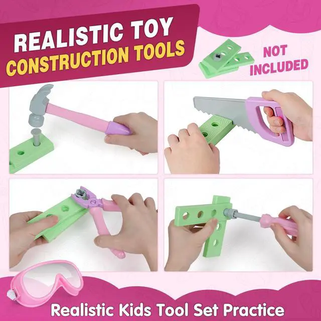 Alt view image 4 of 7 - Pink Kids Tool Set with Construction Worker Costume for Girls Ages 3-5 - Toddler Dress Up Clothes, Toy Tools, Hat & Vest, Preschool Toys, STEM Educational Role Play Toys Gift
