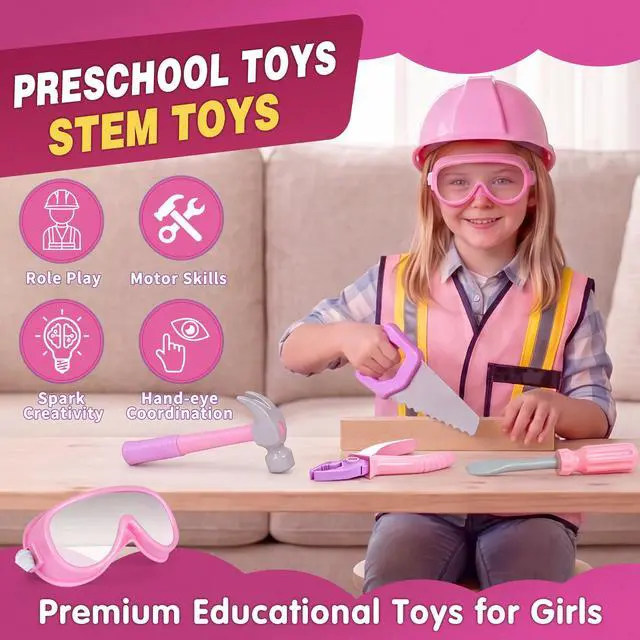 Alt view image 5 of 7 - Pink Kids Tool Set with Construction Worker Costume for Girls Ages 3-5 - Toddler Dress Up Clothes, Toy Tools, Hat & Vest, Preschool Toys, STEM Educational Role Play Toys Gift