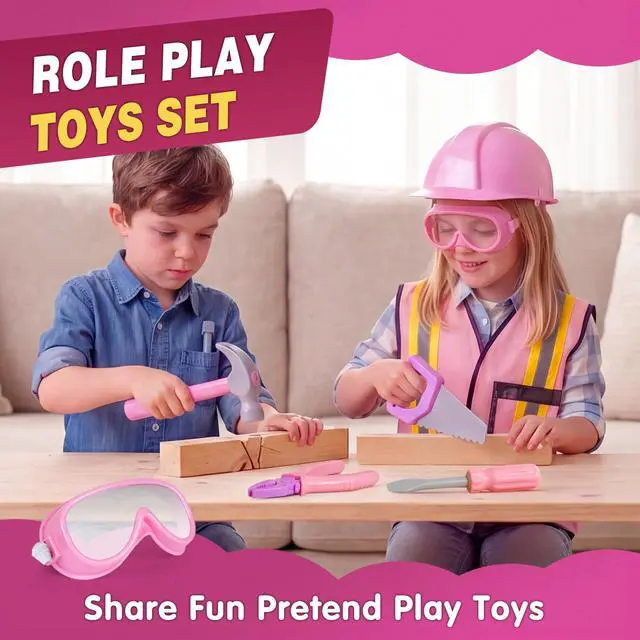 Alt view image 7 of 7 - Pink Kids Tool Set with Construction Worker Costume for Girls Ages 3-5 - Toddler Dress Up Clothes, Toy Tools, Hat & Vest, Preschool Toys, STEM Educational Role Play Toys Gift