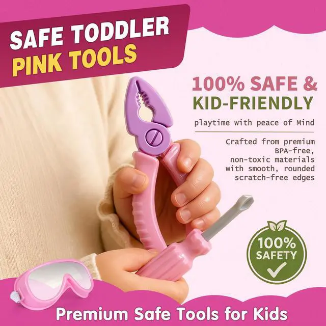 Alt view image 6 of 7 - Pink Kids Tool Set with Construction Worker Costume for Girls Ages 3-5 - Toddler Dress Up Clothes, Toy Tools, Hat & Vest, Preschool Toys, STEM Educational Role Play Toys Gift