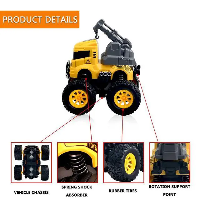 Alt view image 3 of 6 - 4 Pcs Construction Monster Truck Toys, Monster Trucks Friction Powered Car