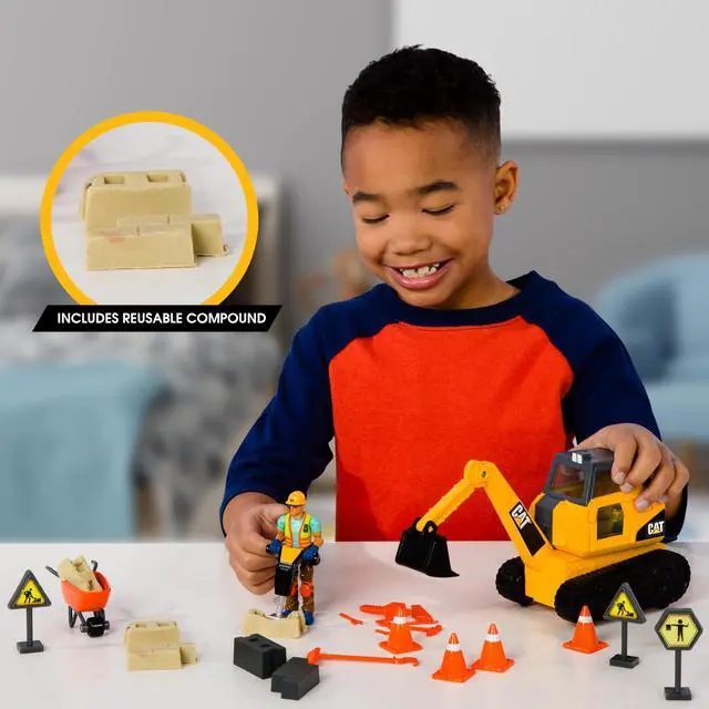 Alt view image 6 of 6 - Workforce Excavator Action Set, 23-Piece Kids Construction Toy Playset with 4-Inch Figure, Non-Drying Dirt Compound, Molds, Signs, Tools & Accessories, Ages 3+