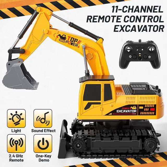 Alt view image 3 of 7 - Remote Control Excavator Toys for Boys Age 6-12, 11CH 2.4Ghz RC Sand Digger with Metal Shovel Lights/Sounds, Construction Truck Toys for Boys 3 4 5 6 7 8 9 10 11 12 Year Old Kids