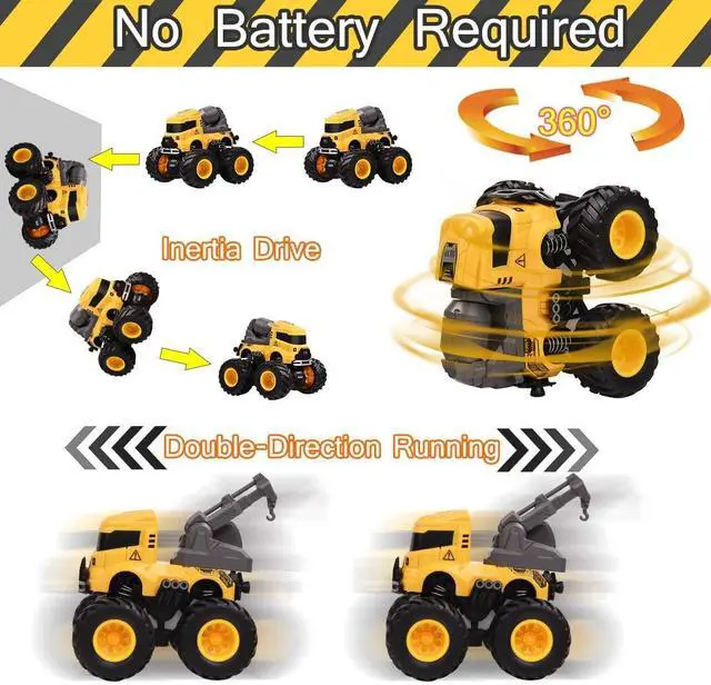 Alt view image 3 of 7 - Construction Toy Trucks, Monster Trucks Push Car for Toddlers 1-3, Best Christmas Children's Day Birthday Party Gift for Boys Age 4-7 Crane Mixer Excavator Dump Truck 4 Pack