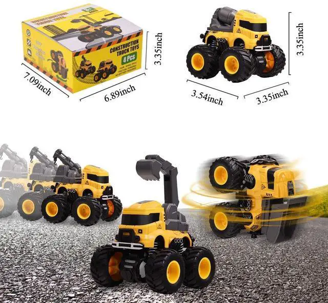 Alt view image 6 of 7 - Construction Toy Trucks, Monster Trucks Push Car for Toddlers 1-3, Best Christmas Children's Day Birthday Party Gift for Boys Age 4-7 Crane Mixer Excavator Dump Truck 4 Pack