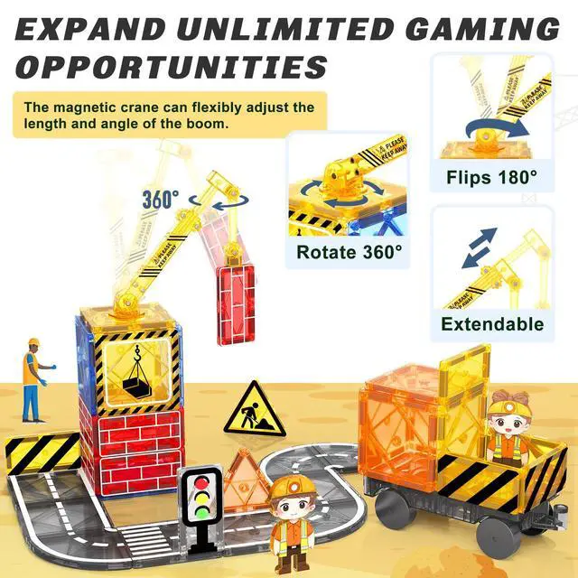 Alt view image 2 of 7 - Kids Games Magnetic Tiles Road Set with Extendable Magnetic Crane, City Construction Building Toys for Toddlers STEM Preschool Ages 4-6 5-7, Gifts for 3+ Year Old Boys Girls Kids Toys with Car