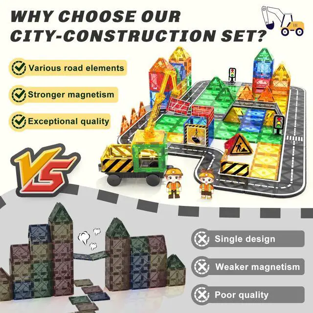 Alt view image 3 of 7 - Kids Games Magnetic Tiles Road Set with Extendable Magnetic Crane, City Construction Building Toys for Toddlers STEM Preschool Ages 4-6 5-7, Gifts for 3+ Year Old Boys Girls Kids Toys with Car