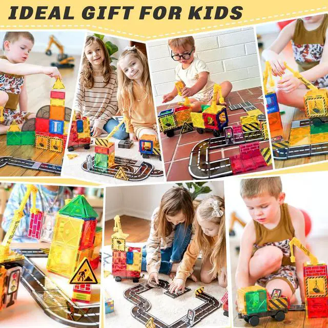 Alt view image 4 of 7 - Kids Games Magnetic Tiles Road Set with Extendable Magnetic Crane, City Construction Building Toys for Toddlers STEM Preschool Ages 4-6 5-7, Gifts for 3+ Year Old Boys Girls Kids Toys with Car
